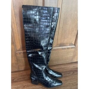 Schutz Helena Over The Knee Boot Leather Croc Embossed Black Womens Size 9 B New